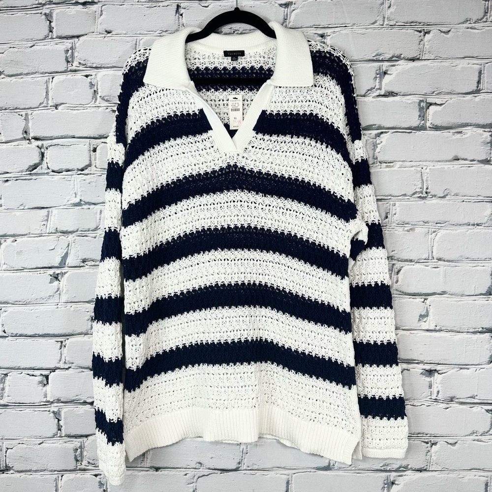 Talbots Open Knit Johnny Collar Pullover Striped Navy White XL Coastal Nautical - Picture 5 of 11